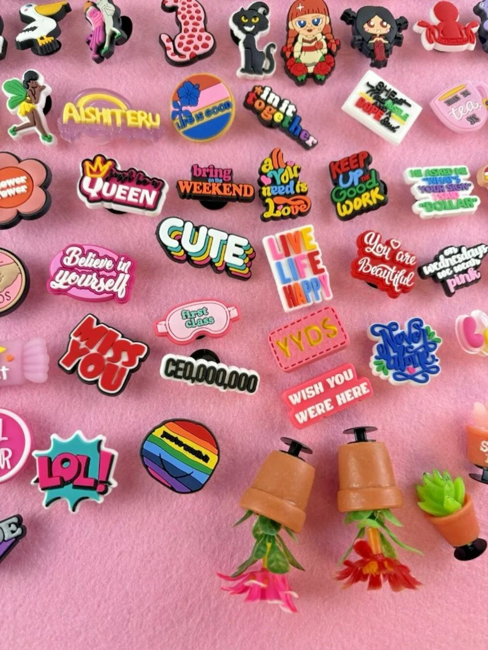 Lot 87pc Mixed PVC Croc Shoe Charms Jibbitz Girl Power Pride Mixed Designs